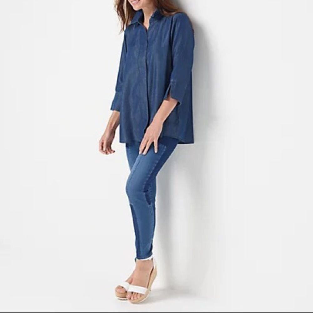 Martha Stewart Chambray Button Front 3/4- Sleeve Hi-Low Hem Blouse - Picture 3 of 8